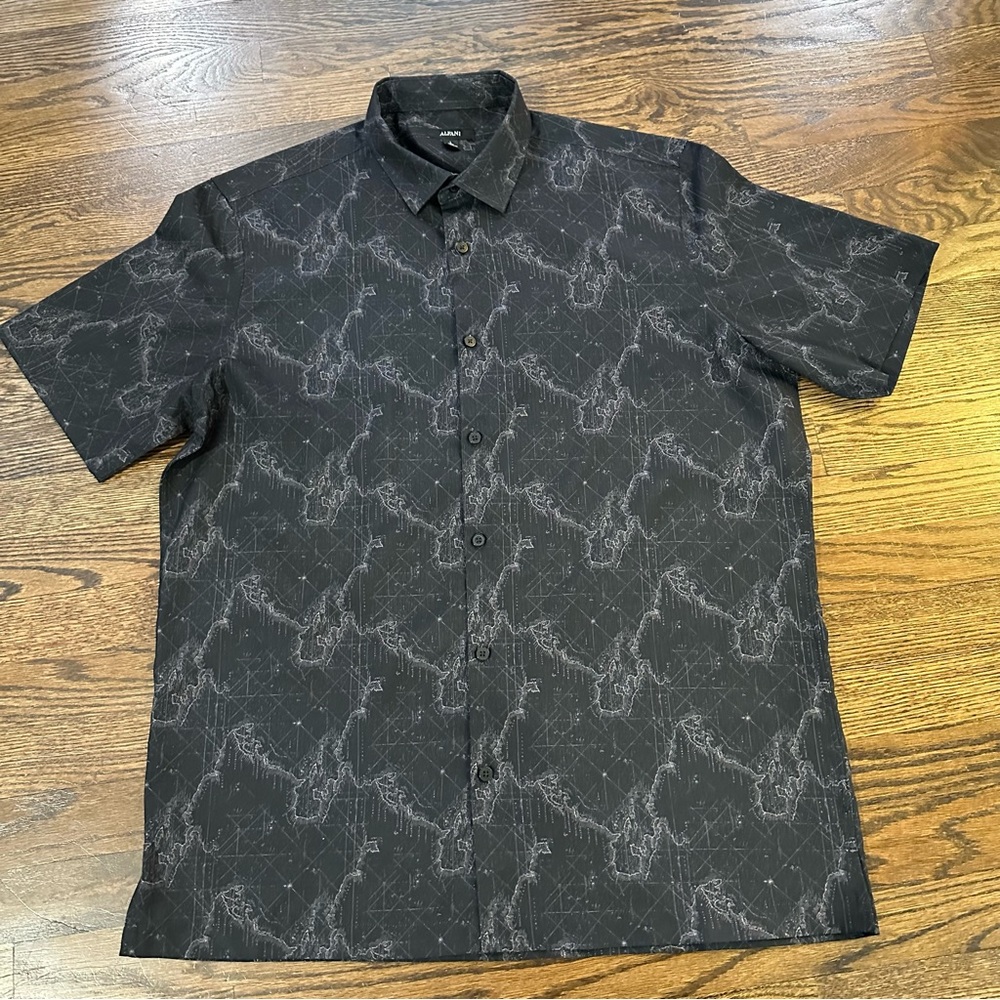 Men L abstract print short sleeve top button up black